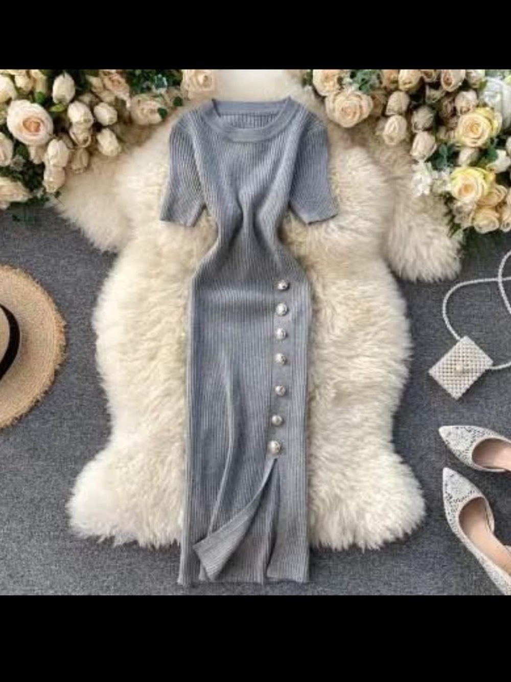 Elegant Grey Ribbed Button-Accent Midi Dress